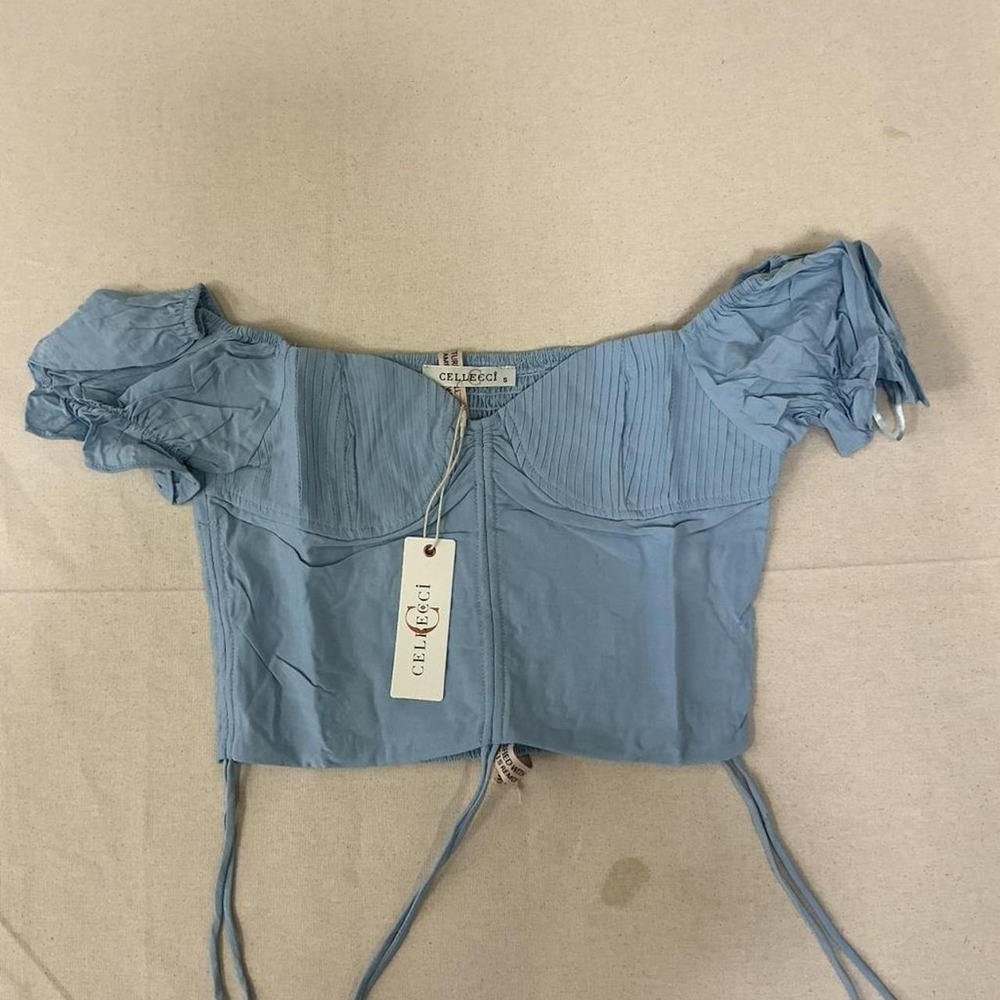 CELECCI blue off-the-shoulder crop top